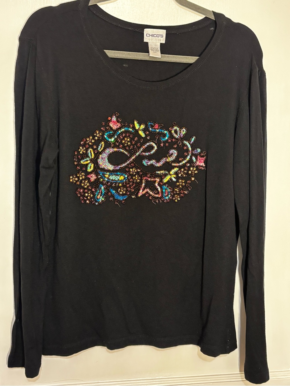 Chico's Black Long-Sleeve Tee with Multicolor Sequin Design